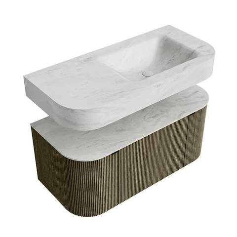 MONDIAZ THOR-DLUX 100cm meuble de salle de bains arrondi gauche + droite couleur Shadow avec 1 tiroir et 2 portes. Vasque suspendue CLOUD Droite 1 trou de robinet couleur Opalo. SW1467525