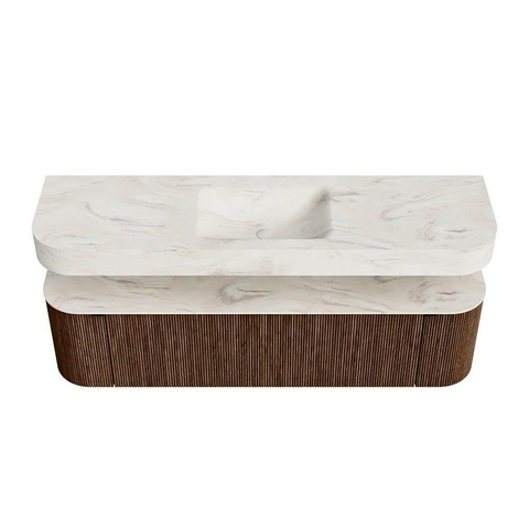 MONDIAZ THOR-DLUX 170cm badmeubel ronding links + rechts kleur Walnut met 1 lade en 2 deuren. Vrijhangende wastafel CLOUD Midden zonder kraangat kleur Ostra. SW1465605