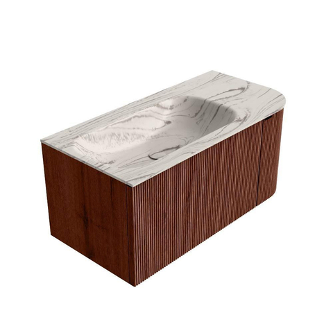 MONDIAZ KURVE-DLUX Meuble de salle de bains 95cm arrondi à droite couleur Ruby avec 1 tiroir et 1 porte. Lavabo BIG SMALL à gauche sans trou de robinet Nata. SW1432518