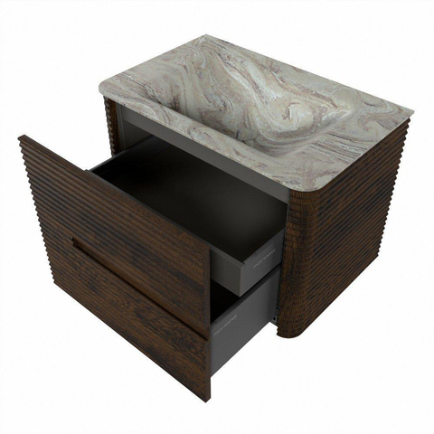Mondiaz CIRO-DLUX Badkamermeubelset - 70x45x50cm - Solid surface wastafel Glace - 1 wasbak Midden - zonder kraangaten - 2 lades - Walnut SW1530245