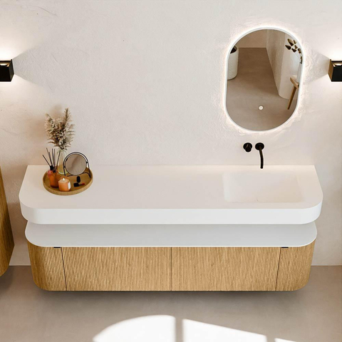 MONDIAZ THOR Meuble de salle de bains 190cm arrondi gauche + droite couleur Oak avec 2 tiroirs et 2 portes. Vasque suspendue CLOUD Droite sans trou de robinet couleur Talc. SW1466372
