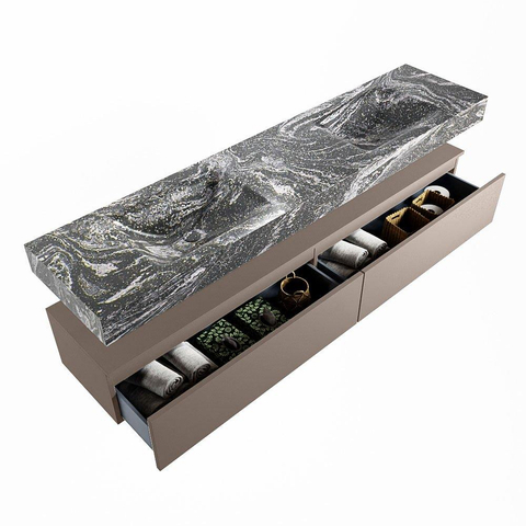 Mondiaz ALAN-DLUX Ensemble de meuble - 200cm - meuble Smoke mat - 2 tiroirs - Lavabo Cloud Lava suspendu - vasque Gauche et droite - 0 trous de robinet SW808244