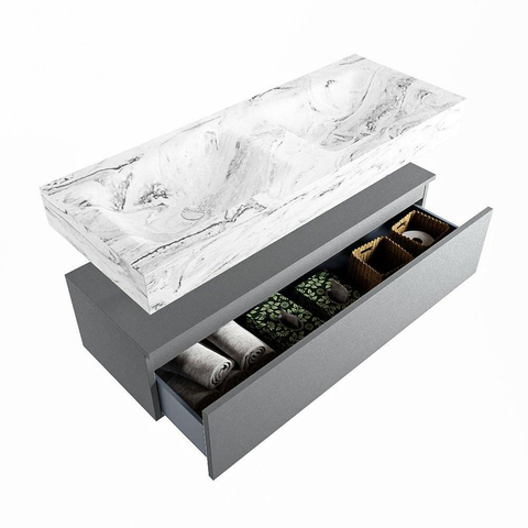 Mondiaz ALAN-DLUX Ensemble de meuble - 120cm - meuble Plata mat - 1 tiroir - Lavabo Cloud Glace suspendu - vasque Gauche et droite - 2 trous de robinet SW806048
