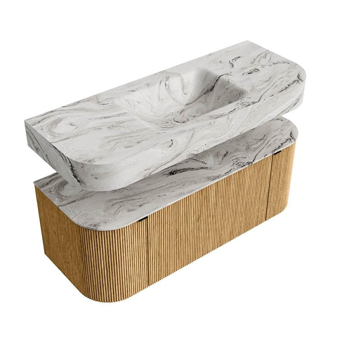 MONDIAZ THOR-DLUX 120cm meuble de salle de bains arrondi gauche + droite couleur Oak avec 1 tiroir et 2 portes. Vasque suspendue CLOUD Centre sans trou de robinet couleur Glace. SW1463044
