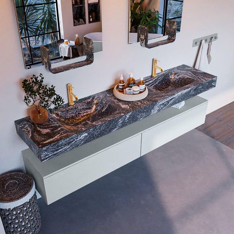 Mondiaz ALAN-DLUX Ensemble de meuble - 200cm - meuble Clay mat - 2 tiroirs - Lavabo Cloud Lava suspendu - vasque Gauche et droite - 2 trous de robinet SW808577