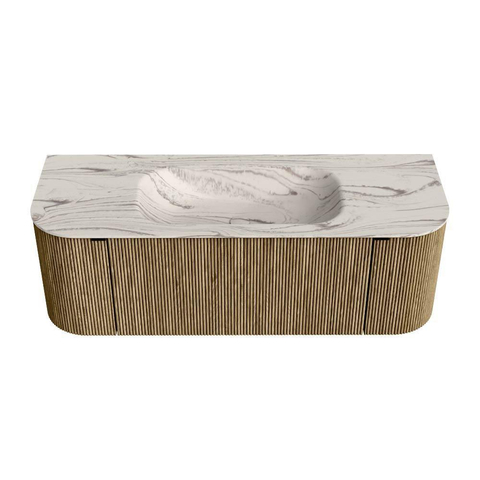 MONDIAZ KURVE-DLUX Meuble de salle de bains 130cm arrondi à gauche + à droite couleur Dusk avec 1 tiroir et 2 portes. Plan-vasque BIG SMALL Central 1 trou de robinet Nata. SW1432370