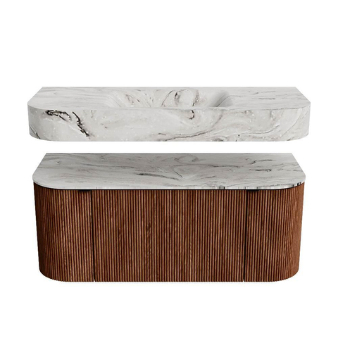 MONDIAZ THOR-DLUX 110cm badmeubel ronding links + rechts kleur Ruby met 1 lade en 2 deuren. Vrijhangende wastafel CLOUD Midden 1 kraangat kleur Glace. SW1462844