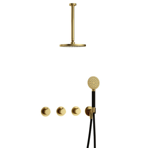 Hotbath Cobber IBS70 Regendoucheset - inbouw - 30cm plafondarm - 20cm ronde hoofddouche - 3 standen handdouche - PVD - geborsteld messing (goud) SW677673