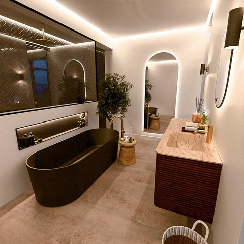 Mondiaz CIRO-DLUX Meuble de salle de bains - 150x45x50cm - Plan vasque solid surface Arena - 1 vasque à droite - 1 trou de robinet - 4 tiroirs - Ruby SW1531718