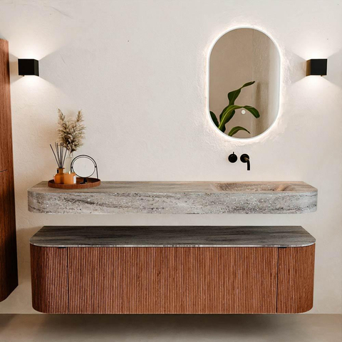 MONDIAZ THOR-DLUX 170cm badmeubel ronding links + rechts kleur Ruby met 1 lade en 2 deuren. Vrijhangende wastafel CLOUD Rechts zonder kraangat kleur Oza. SW1465692