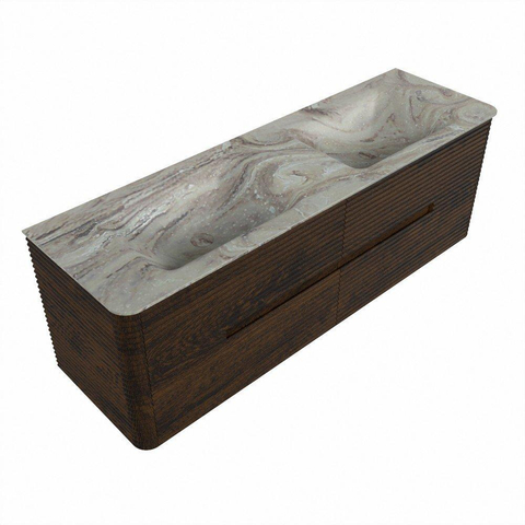 Mondiaz CIRO-DLUX Badkamermeubelset - 150x45x50cm - Solid surface wastafel Glace - 2 wasbak Dubbel - 2 kraangaten - 4 lades - Walnut SW1530140