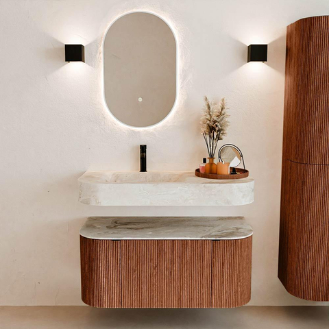 MONDIAZ THOR-DLUX 100cm meuble de salle de bains arrondi gauche + droite couleur Ruby avec 1 tiroir et 2 portes. Vasque suspendue CLOUD Gauche 1 trou de robinet couleur Frappe. SW1467358