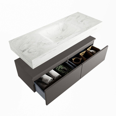 Mondiaz ALAN-DLUX Ensemble de meuble - 120cm - meuble Dark grey mat - 2 tiroirs - Lavabo Cloud Opalo suspendu - vasque Centre - 1 trou de robinet SW806420