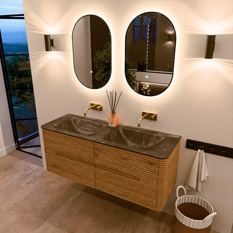 Mondiaz CIRO-DLUX Badkamermeubelset - 130x45x50cm - Solid surface wastafel Lava - 2 wasbak Dubbel - zonder kraangaten - 4 lades - Oak SW1531106