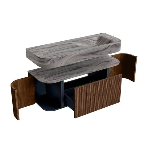 MONDIAZ THOR-DLUX 120cm badmeubel ronding links + rechts kleur Walnut met 1 lade en 2 deuren. Vrijhangende wastafel CLOUD Rechts zonder kraangat kleur Sombra. SW1463638