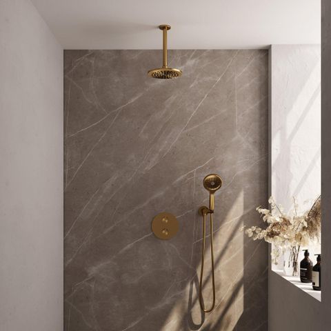 BRAUER Gold Carving mitigeur thermostatique encastré douche pluie - 3 voies - rond - ensemble 83 - douche principale 20cm - bras plafond - douchette 3 positions - flexible de douche - coude mural - or brossé PVD SW1159056