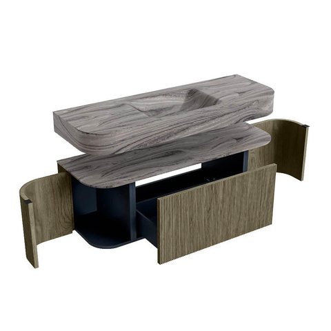 MONDIAZ THOR-DLUX 130cm meuble de salle de bains arrondi gauche + droite couleur Shadow avec 1 tiroir et 2 portes. Vasque suspendue CLOUD Milieu 1 trou de robinet couleur Sombra. SW1463870