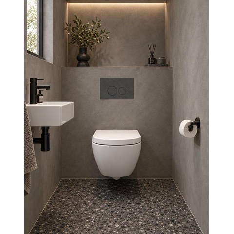 QeramiQ Dely Swirl Compact Toiletset - inbouwreservoir QeramiQ flush - 25mm zitting - marmeren bedieningsplaat donker - ronde knoppen - glans wit SW1590642