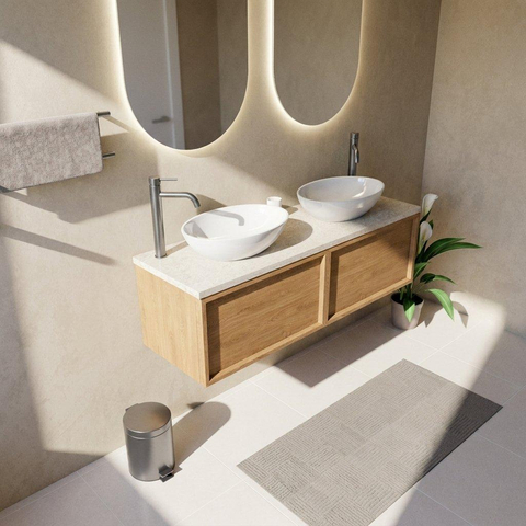 Saniclass Holz Frame Badkamermeubelset - 140x45x43cm - Travertine natuurstenen topblad - 2 kraangaten - 2 lades - mat eiken natural (hout) SW1478899