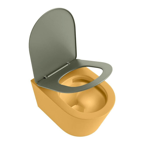 Mondiaz LAVIE hangtoilet – spoelrandloos – 36 x 53 cm – met softclose zitting – Ocher (geel), zitting Army (groen) SW1208575