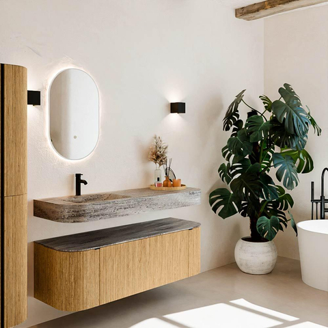 MONDIAZ THOR-DLUX 140cm meuble de salle de bains arrondi gauche + droite couleur Oak avec 1 tiroir et 2 portes. Vasque suspendue CLOUD Gauche 1 trou de robinet couleur Oza. SW1464292