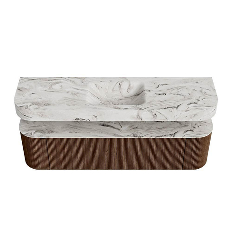 MONDIAZ THOR-DLUX 170cm badmeubel ronding links + rechts kleur Walnut met 1 lade en 2 deuren. Vrijhangende wastafel CLOUD Midden 1 kraangat kleur Glace. SW1465570