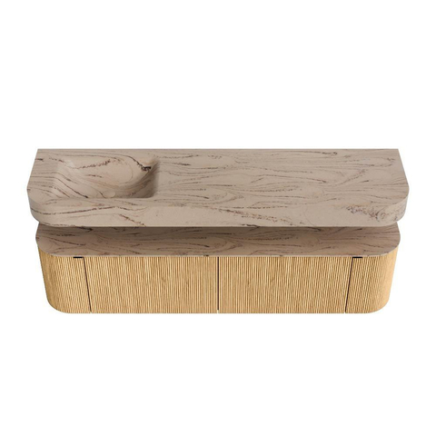 MONDIAZ THOR-DLUX 180cm badmeubel ronding links + rechts kleur Oak met 2 lades en 2 deuren. Vrijhangende wastafel CLOUD Links 1 kraangat kleur Arena. SW1466117