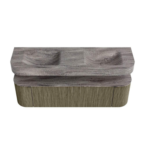 MONDIAZ THOR-DLUX 160cm meuble de salle de bains arrondi gauche + droite couleur Shadow avec 1 tiroir et 2 portes. Vasque suspendue CLOUD Double sans trou de robinet couleur Oza. SW1465319