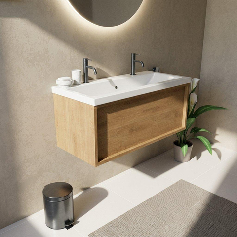 Saniclass Holz Frame Badkamermeubelset - 100x45x43.5cm - Bari keramische wastafel wit - 1 wasbak - 2 kraangaten - 1 lade - mat eiken natural (hout) SW1478764