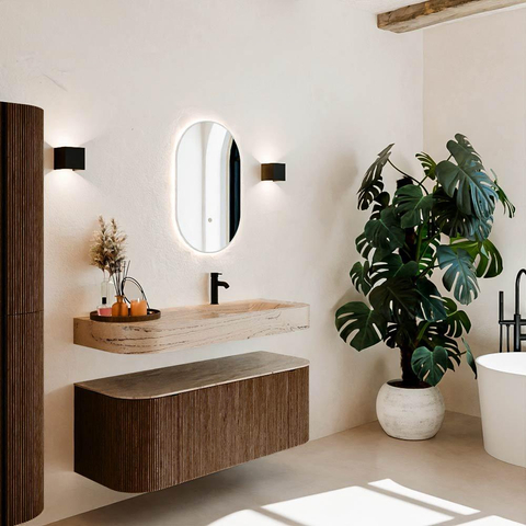 MONDIAZ THOR-DLUX 120cm meuble de salle de bains arrondi gauche + droite couleur Walnut avec 1 tiroir et 2 portes. Vasque suspendue CLOUD Droite 1 trou de robinet couleur Arena. SW1463394