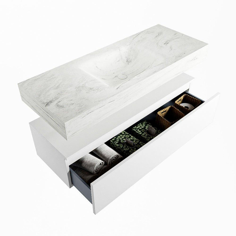 Mondiaz ALAN-DLUX Ensemble de meuble - 120cm - meuble Talc mat - 1 tiroir - Lavabo Cloud Opalo suspendu - vasque Centre - 1 trou de robinet SW806348