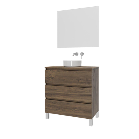 Saniclass Chaci PLUS Meuble de salle de bain - 80x86x46cm - vasque - plan de toilette - 3 tiroirs - miroir rectangulaire - noyer (hout) SW1027199