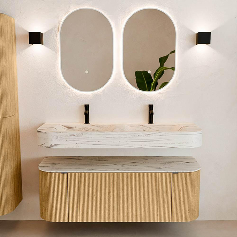 MONDIAZ THOR-DLUX 130cm badmeubel ronding links + rechts kleur Oak met 1 lade en 2 deuren. Vrijhangende wastafel CLOUD Dubbel 2 kraangaten kleur Nata. SW1463834