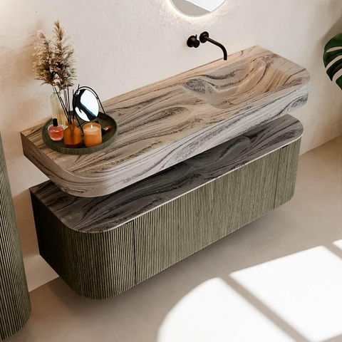 MONDIAZ THOR-DLUX 140cm meuble de salle de bains arrondi gauche + droite couleur Shadow avec 1 tiroir et 2 portes. Vasque suspendue CLOUD droite sans trou de robinet couleur Sombra. SW1464266