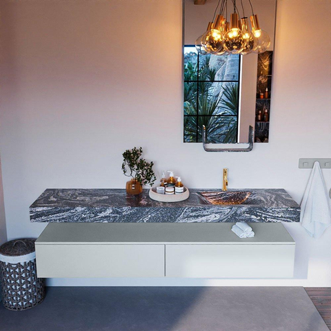 Mondiaz ALAN-DLUX Ensemble de meuble - 200cm - meuble Clay mat - 2 tiroirs - Lavabo Cloud Lava suspendu - vasque Droite - 1 trou de robinet SW808587
