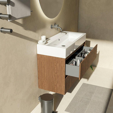 Saniclass Holz Atelier Ensemble meuble de salle de bains - 100x45x72cm - lavabo Legend en céramique blanc - 1 vasque - sans trou de robinet - 2 tiroirs - noyer pur mat (bois) SW1478481