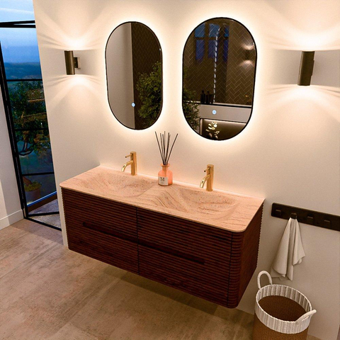 Mondiaz CIRO-DLUX Badkamermeubelset - 130x45x50cm - Solid surface wastafel Saba - 2 wasbak Dubbel - 2 kraangaten - 4 lades - Ruby SW1531980