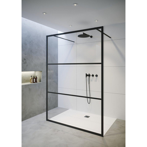 Riho Grid paroi de douche - 120x200cm - îlot - verre transparent avec quadrillage - 6mm - noir SW412220