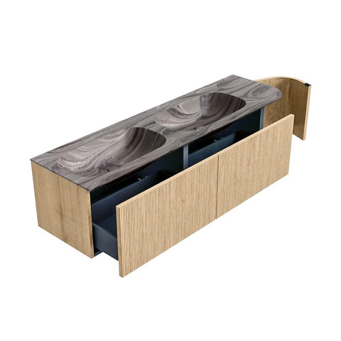 MONDIAZ KURVE-DLUX Meuble de salle de bains 165cm arrondi Droite couleur Chêne avec 2 tiroirs et 1 porte. Lavabo STOR SMALL Double / Gauche sans trou de robinet Sombra. SW1433605