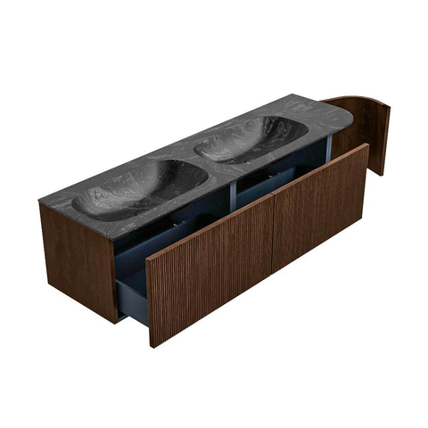 MONDIAZ KURVE-DLUX Meuble de salle de bains 165 cm avec module 25 R couleur Walnut avec 2 tiroirs et 1 porte. Lavabo STOR SMALL double / gauche sans trou de robinet couleur Lava. SW1137265