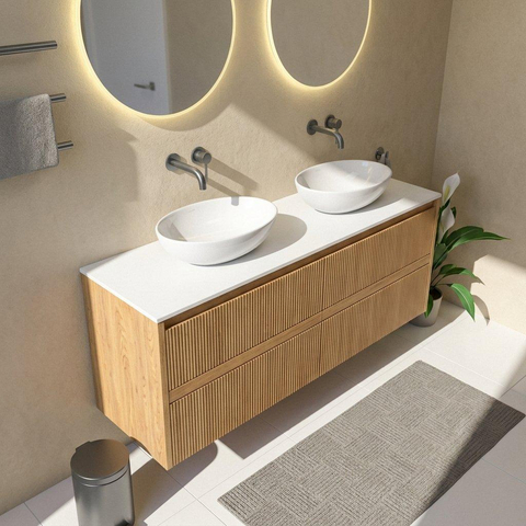 Saniclass Holz Atelier Badkamermeubelset - 160x45x62.5cm - Torino solid surface topblad wit - zonder kraangat - 4 lades - mat eiken natural (hout) SW1478825