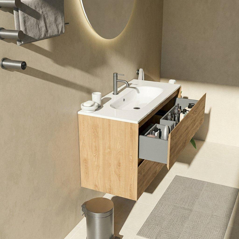 Saniclass Holz Pure Badkamermeubelset - 100x45x73.9cm - Chaci keramische wastafel wit - 1 wasbak - 1 kraangat - 2 lades - mat eiken natural (hout) SW1478819