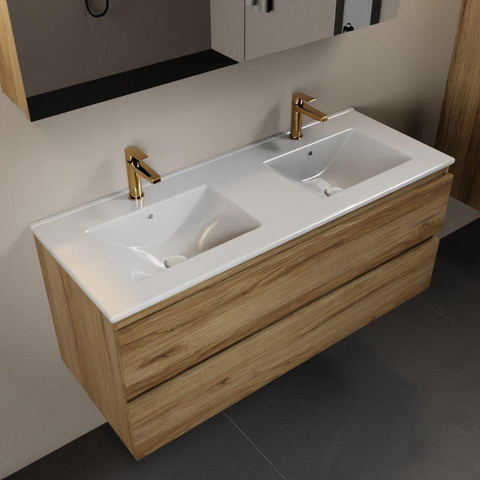 Mondiaz Aivy badmeubelset - 120x45x50cm - 2 kraangaten - 2 wasbakken talc Keramiek - Links en rechts - 2 lades - Met spiegelkast - Melamine Chai SW892169
