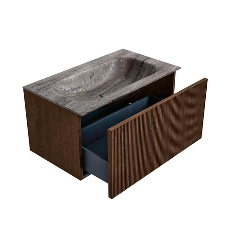 MONDIAZ KURVE-DLUX 80cm badmeubel kleur Walnut met 1 lade en 0 deuren. Wastafel BIG SMALL Midden zonder kraangat Oza. SW1432716
