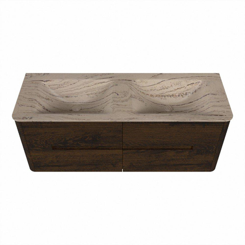 Mondiaz CIRO-DLUX Meuble de salle de bains - 130x45x50cm - Plan vasque solid surface Arena - 2 vasques double - sans trous de robinet - 4 tiroirs - Noyer SW1530430
