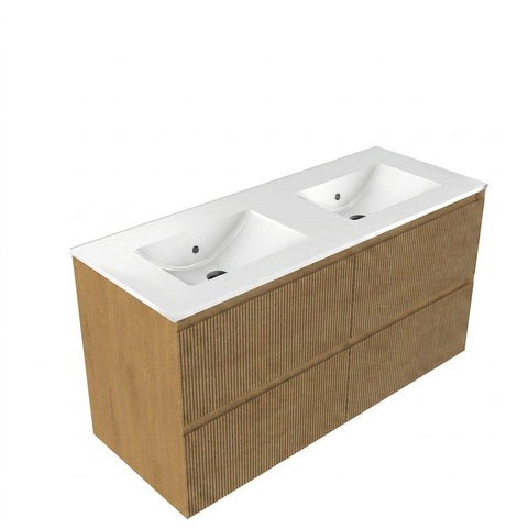 Saniclass Holz Atelier Meuble de salle de bain - 120x45x60cm - lavabo en céramique blanc - 2 vasques - sans trous de robinet - 2 tiroirs - Chêne Natural SW1437732