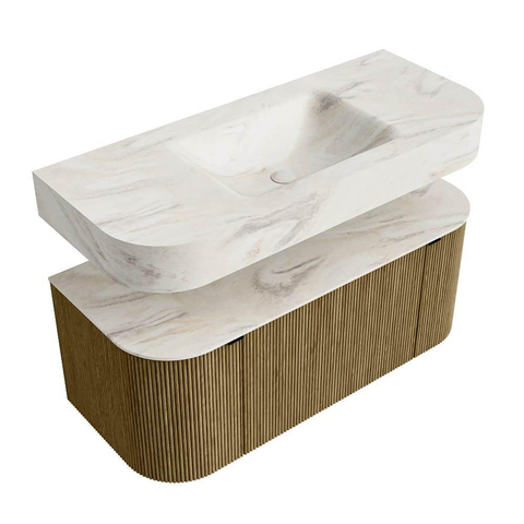 MONDIAZ THOR-DLUX 110cm meuble de salle de bains arrondi gauche + droite couleur Dusk avec 1 tiroir et 2 portes. Vasque suspendue CLOUD Milieu 1 trou de robinet couleur Ostra. SW1462796