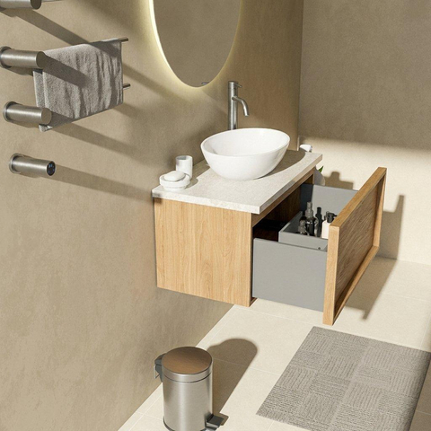 Saniclass Holz Frame Ensemble meuble de salle de bains - 80x45x43cm - Plan de travail en pierre naturelle travertin - 1 trou de robinetterie - 1 tiroir - chêne natural mat (bois) SW1478846