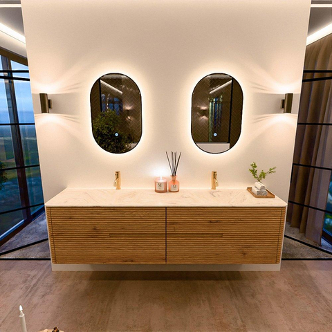 Mondiaz CIRO-DLUX Badkamermeubelset - 190x45x50cm - Solid surface wastafel Ostra - 2 wasbak Dubbel - 2 kraangaten - 4 lades - Oak SW1530948