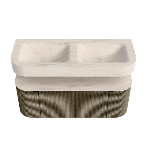 MONDIAZ THOR-DLUX 120cm meuble de salle de bains arrondi gauche + droite couleur Shadow avec 1 tiroir et 2 portes. Vasque suspendue CLOUD Double sans trou de robinet couleur Meli. SW1463328